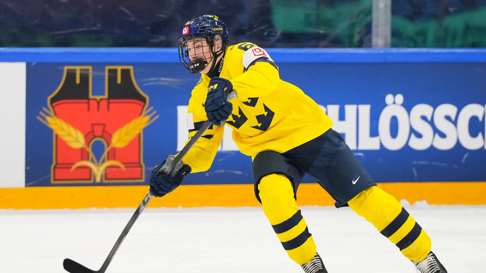 FRIBOURG, SWITZERLAND - MAY 18: Sweden's Viggo Bjorck #61 skates with the puck against Czechia in the second period during Preliminary Round - Group B action at the 2026 IIHF Ice Hockey World Championship at BCF Arena on May 18, 2026 in Fribourg, Switzerland. (Photo by Matt Zambonin/IIHF)(Matt Zambonin/Matt Zambonin/IIHF)