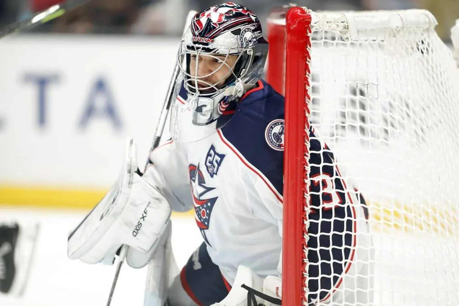 Jet Greaves of the Columbus Blue Jackets defends his goal in a 2025 game against the Los Angeles Kings.