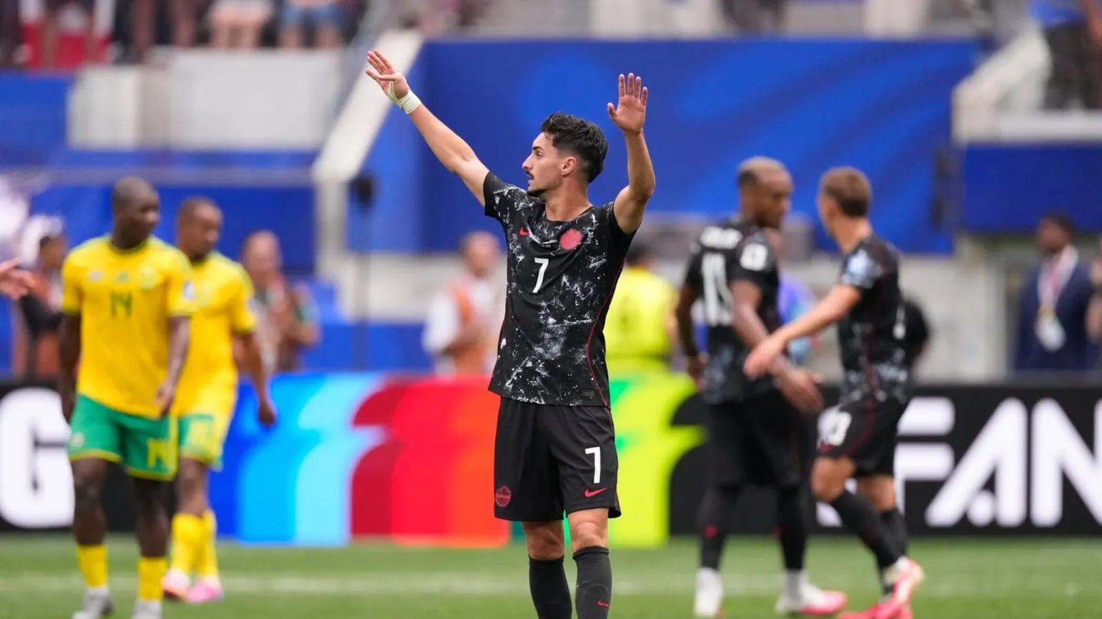 Stephen Eustaquio celebrates after Canada defeated South Africa in a World Cup round of 32 soccer match in Inglewood, Calif., near Los Angeles, Sunday, June 28, 2026. (AP Photo/Mark J. Terrill)