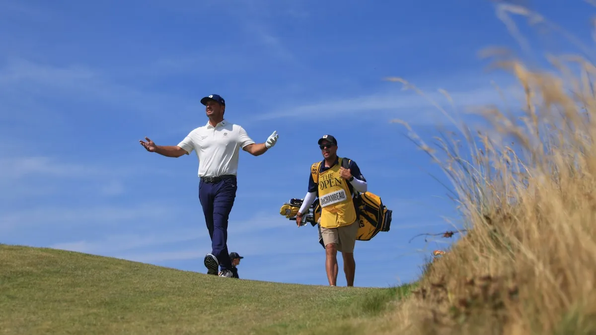 Bryson DeChambeau of the United States gestures as he walks the seventh hole during the first day of the British Open Golf championships at Royal Birkdale golf club, in Southport, England on Thursday.Peter Morrison/The Associated Press