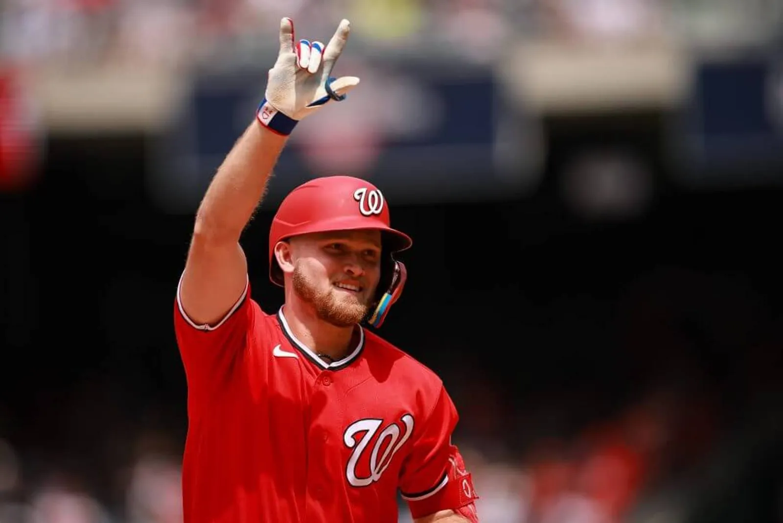 Curtis Mead of the Washington Nationals celebrates while rounding the bases after hitting a home run against the New York Yankees during the sixth inning at Nationals Park on July 12, 2026 in Washington, DC.