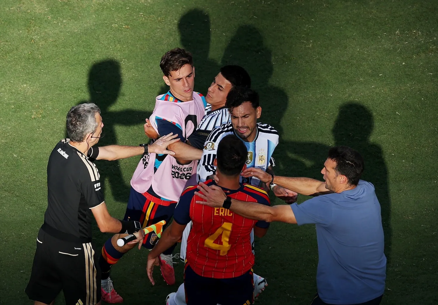 Leandro Paredes of Argentina and Eric Garcia of Spain have words after the FIFA World Cup 2026 final match in East Rutherford, New Jersey, July 19, 2026.Al Bello/Getty Images