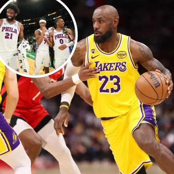 An image collage containing 2 images, Image 1 shows LeBron James, Image 2 shows Joel Embiid